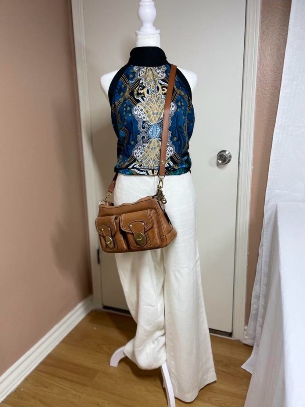 Vintage Y2K NewYork & Company Baroque Halter Top Blue Gold Sz S